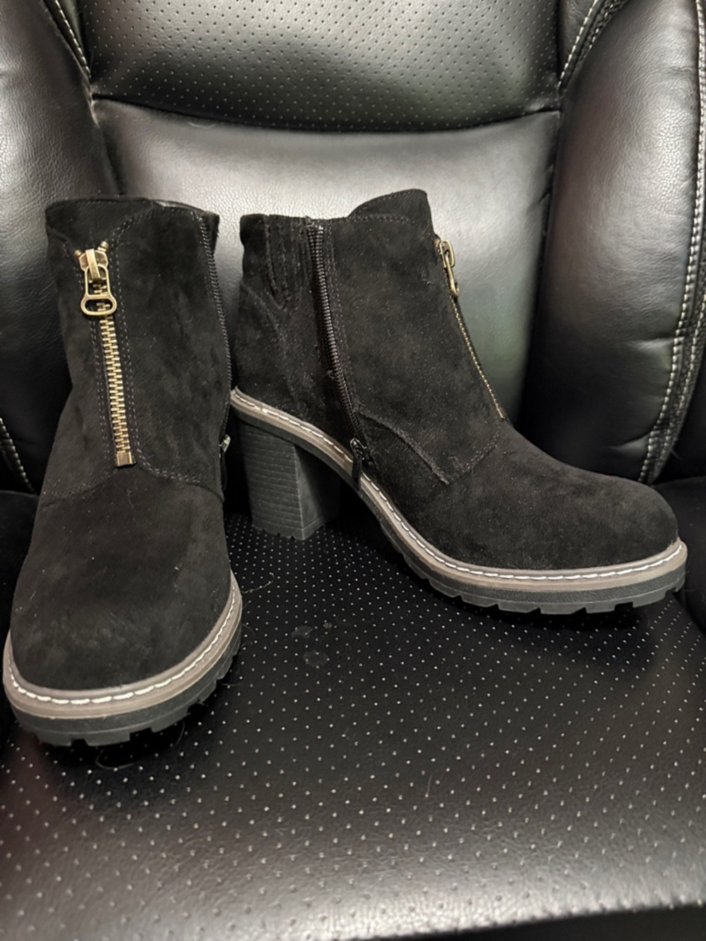 Corkys Black Suede Zip-Front Block Heel Ankle Boots